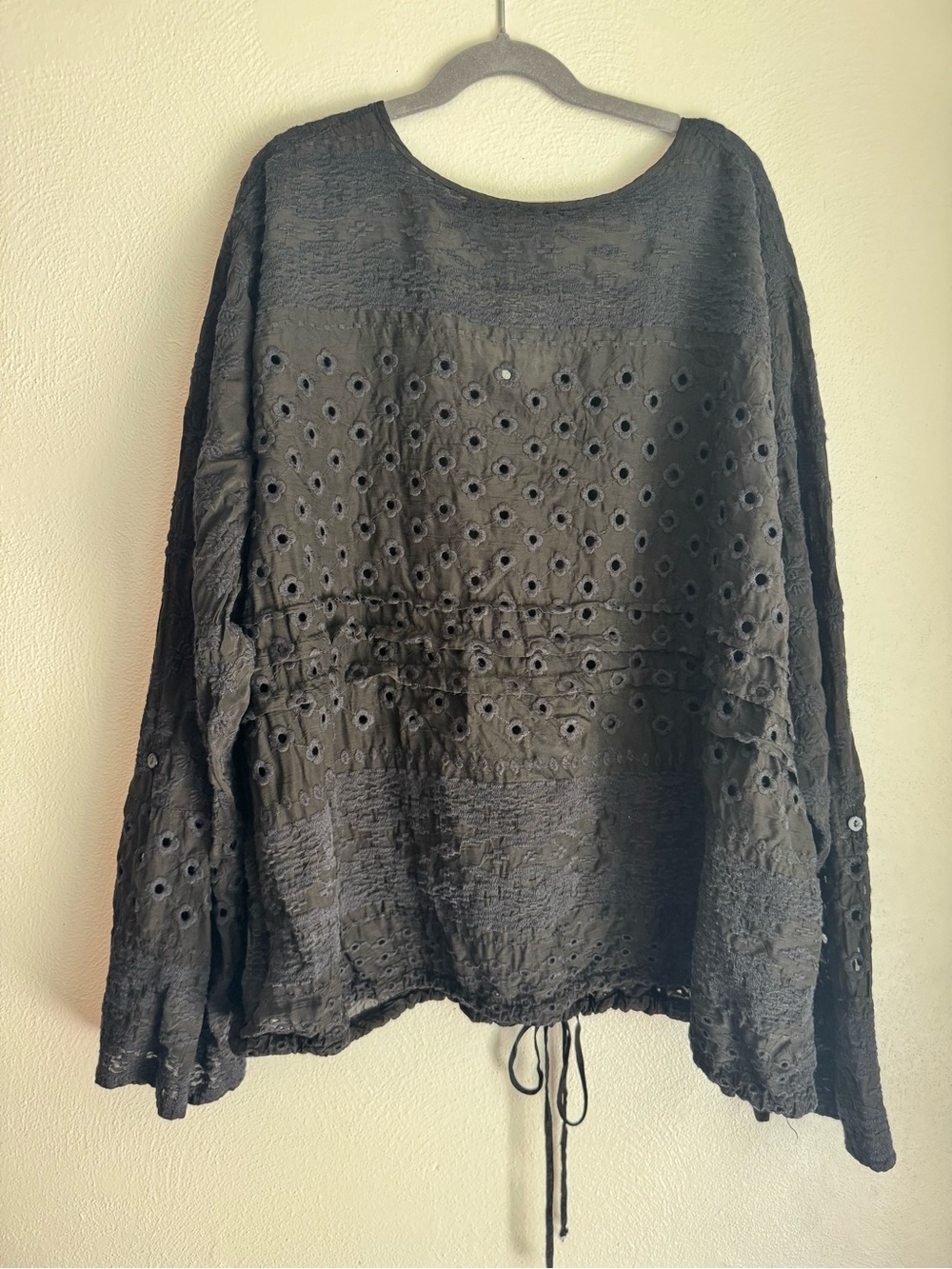 Johnny Was Black Eyelet V-Neck Long Sleeve button Front Top - Picture 3 of 10